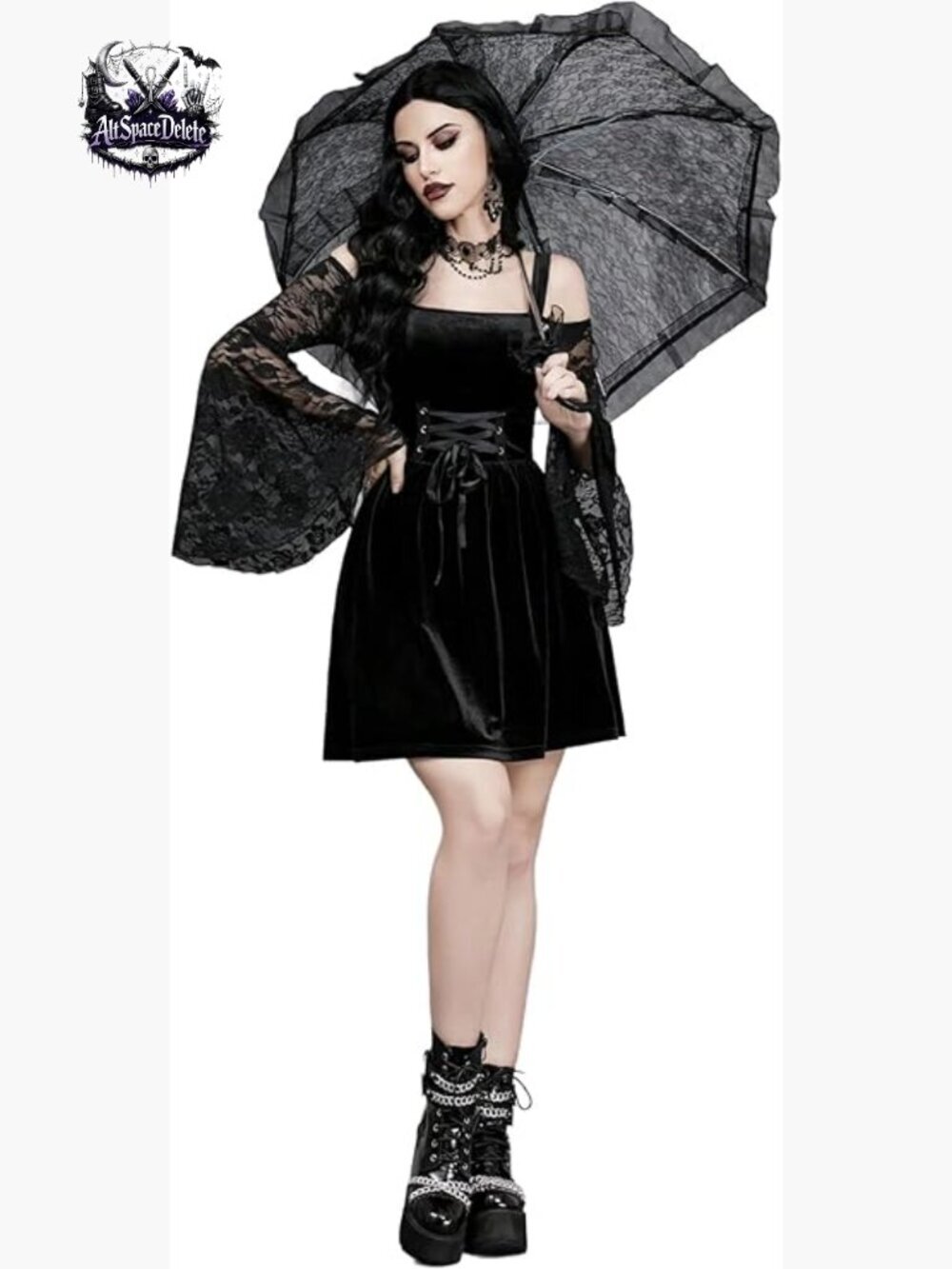 Large Velvet Gothic Dress with Bell Sleeves and Lace Trim for Halloween Cosplay